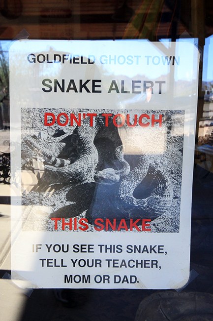 Snake alert don't touch sign, Goldfield Ghost Town, Apache Junction, Arizona, AZ