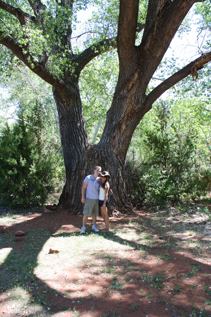 Leonids in front of large tree Hiking bunkhouse trail in Sedona, AZ