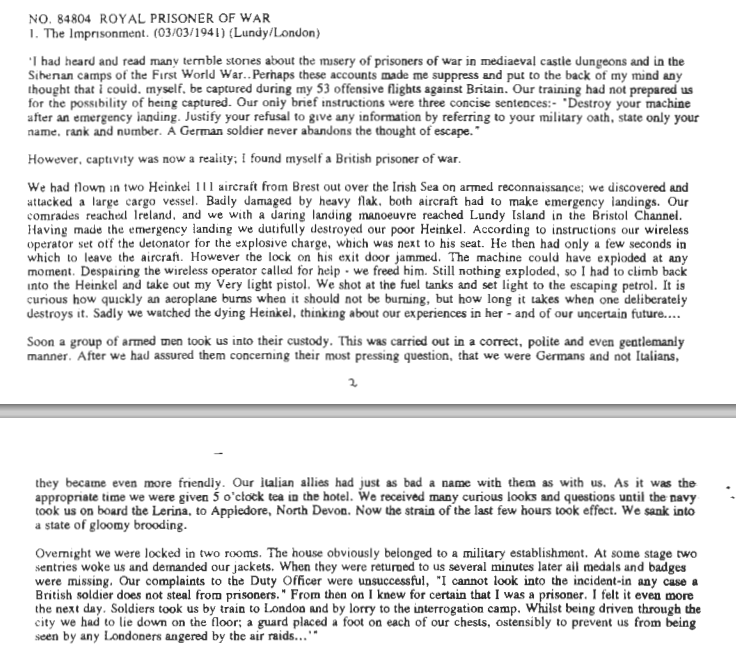 Uffz Elmar Botcher description of Lundy Island Heinkel plane crash during WWII